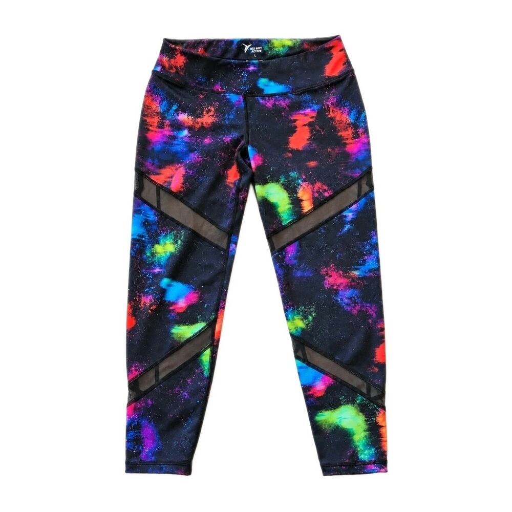 Old Navy Active Go Dry Galaxy Leggings Large Fitted Splatter Rainbow Mesh Trim